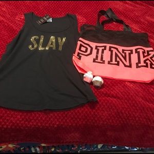 NWT XL Slay tank , NWOT vs pink tote bath bombs